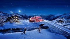 Snow winter Stars children moonlight Bridges coca-cola trucks