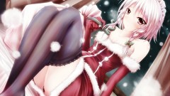 Snow winter white hair red eyes gloves sitting bows curtains 