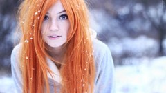 Snow winter woman blue eyes orange hair teen pale skin