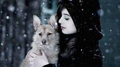 Snow winter woman Dogs
