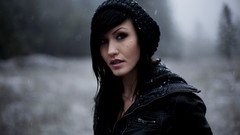 Snow winter woman faces jackets smiling brunettes piercings 