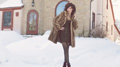 Snow winter woman long hair brunettes fur coat fashion 