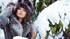 Snow winter woman outdoors models fur clothing fur hats