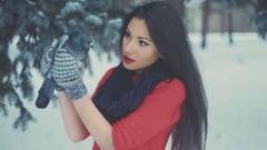 Snow winter woman Pigeons black hair