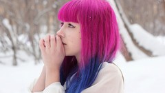Snow winter woman pink hair bangs