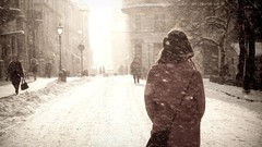 Snow winter woman sepia roads December streets