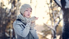 Snow winter woman wool bokeh blondes sunlight
