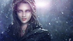 Snow woman blue eyes brunettes amulet fantasy art