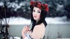 Snow woman brunettes bare shoulders