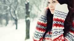 Snow woman brunettes girls in nature sweaters