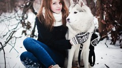 Snow woman Dogs outdoors redheads