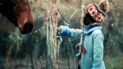 Snow woman Horses hats girls with horses