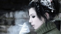 Snow woman wool Cigarettes smoking models black hair pale skin 