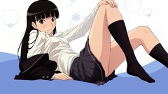 Snowflakes schoolgirls shirts skirts blush smiling long hair 