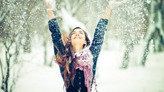 Snowflakes snow winter woman happy smiling