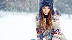 Snowflakes snow winter woman wool jeans fashion smiling blue 