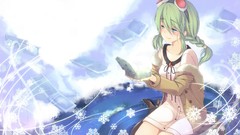 Snowflakes winter dress boxes sitting jackets blush long hair 