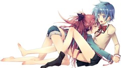 Socks Shorts red eyes schoolgirls bows skirts blue hair long 