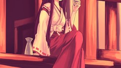 Socks sitting buildings bows skirts cups long hair anime girls 