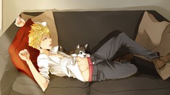 Sofa home husky blondes lying down anime boys exposed midriff 