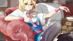 Sofa room tea sugar sitting mugs blondes couch anime girls blue 
