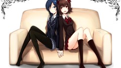 Sofa sitting skirts blue hair long hair anime girls brunettes 
