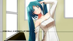 Sofa text blouse blue hair long hair anime girls blue eyes 