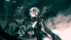 Soldiers monochrome helmets anime girls cleavage gas masks 