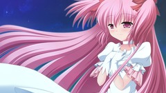 Space dress gloves Ribbons pink hair long hair pink eyes anime 