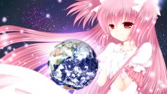 Space dress gloves Ribbons pink hair long hair pink eyes anime 