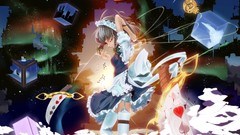 Space Stars clouds weapons anime girls braids touhou black hair 