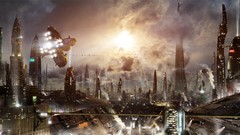 Spaceships cityscapes futuristic multiscreen