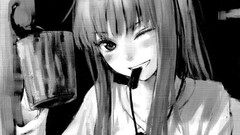 spice and wolf anime girls monochrome one eye closed Women Anime