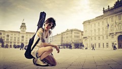 Squares woman headphones glasses guitars guitarists tattoos 