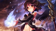 Staff anime girls black hair mage fantasy art