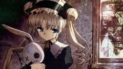 Stained glass anime girls Bunnies blue eyes stuffed animals 