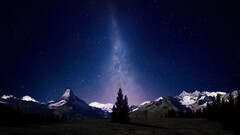 Starry Night forest Mountains galaxy Stars Trees sky Milky Way