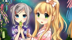 Stars Anime kimono blondes anime girls blue eyes green eyes 