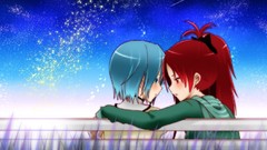 Stars Anime red eyes blush blue hair long hair anime girls blue 