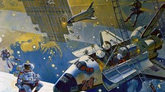 Stars astronauts paintings Earth science fiction space shuttle 