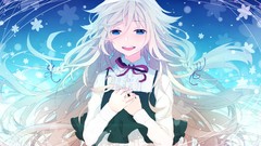 Stars blue background white hair Ribbons smiling long hair blue 