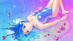 Stars blue hair blue eyes flower petals bodysuits