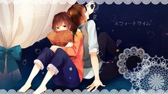 Stars bows blush anime girls brown eyes brunettes short hair 