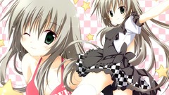 Stars bows long hair anime girls green eyes wink gray hair 