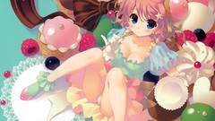 Stars Candies bows anime girls blue eyes short hair cleavage 