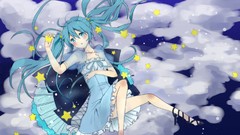 Stars clouds anime girls hatsune miku vocaloid blue dress aqua 