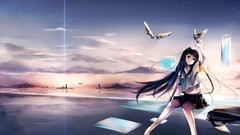 Stars clouds sky Aircraft paper barefoot anime girls seifuku 