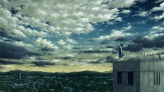 Stars clouds sky Roof dress cities anime girls scenic