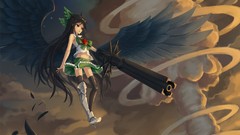 Stars clouds weapons wings feathers navel flying red eyes bows 