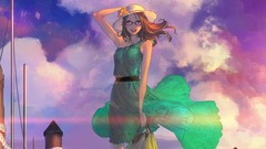 Stars clouds wind glasses dress hats anime girls brunettes 